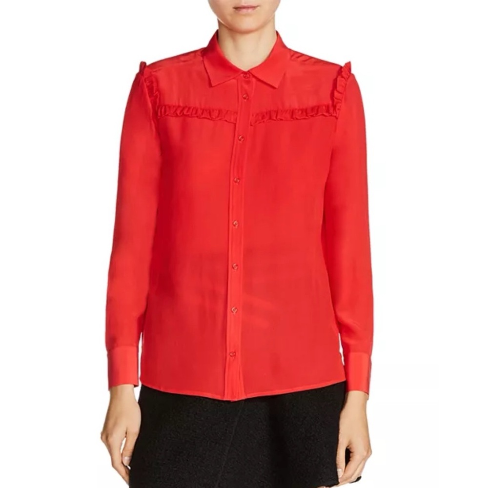Maje Callie Silk Ruffle Long Sleeve Collared Button Blouse Top Red Size 1 Small